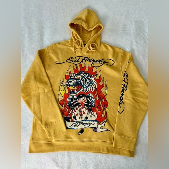 Ed Hardy Fir Tiger Yellow Graphic Hoodie Size XL - Picture 3 of 10